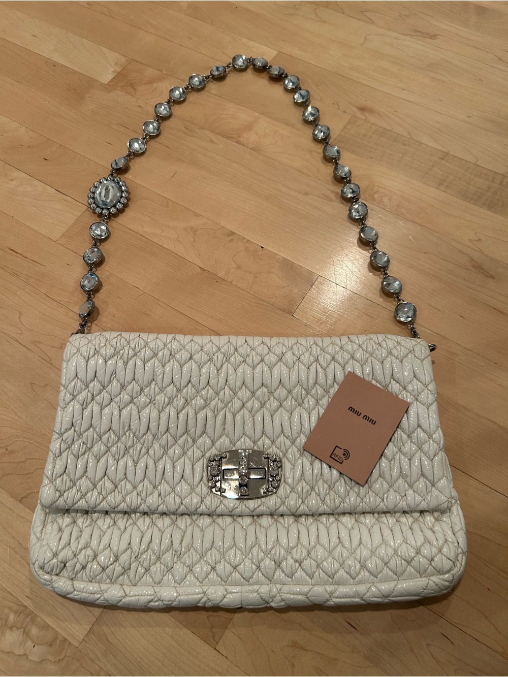 Miu Miu Matelassé Lambskin Leather Bag with Crystal Chain